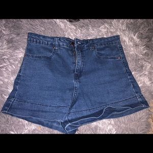 High waisted blue jean shorts